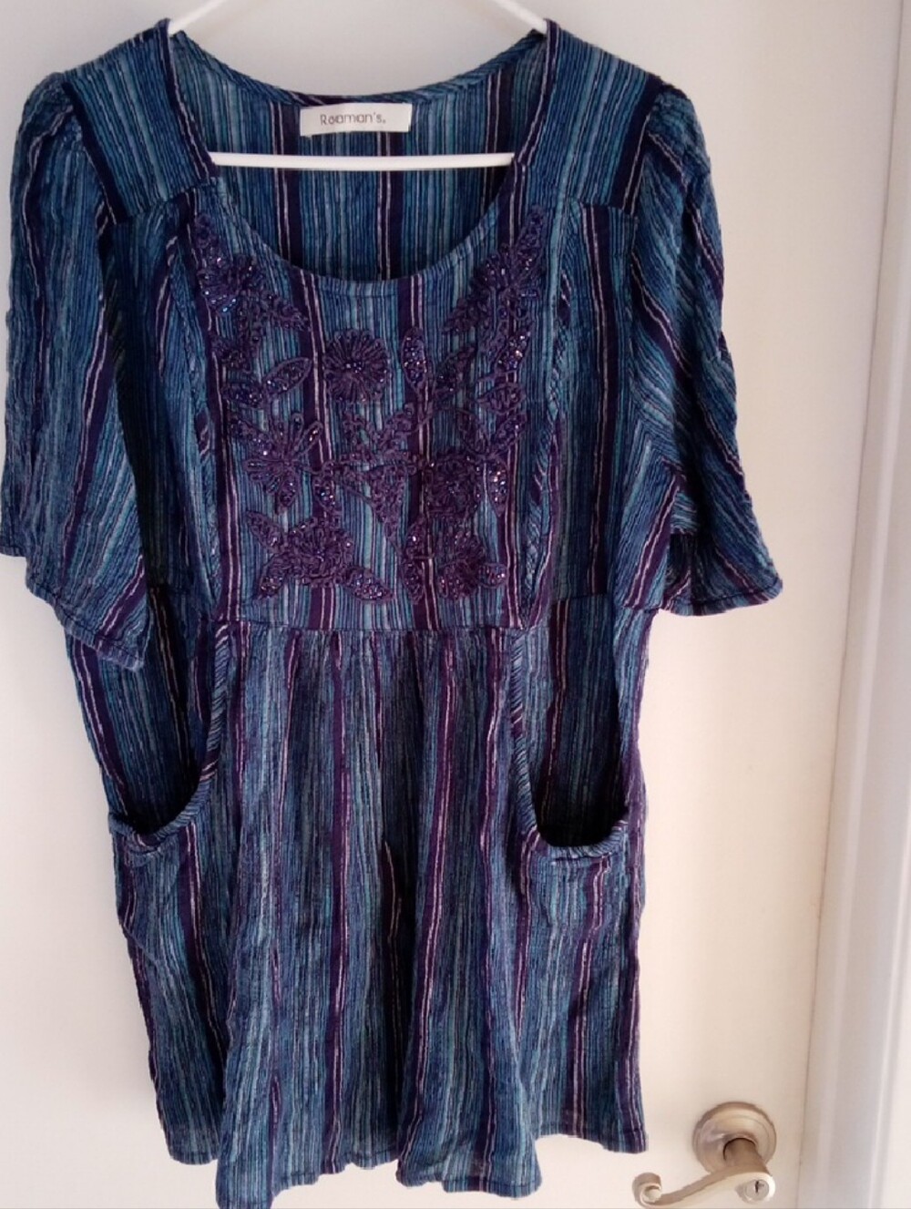 Roaman's Teal & Purple Striped Embroidered Midi Dress